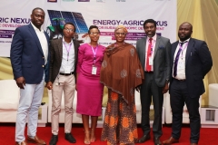 Panelists from plenary session two, Alex Obiechina, MD/CEO, ACOB Lighting; Tobi Soyombo, Chief Growth Officer, Havenhill Synergy; Habiba Ali, MD/CEO Sosai Renewable Energy; Ayo Ademilua, Founder/CEO, A4&T; Kerry Nanakunmo, MD/CEO, Gens Sustainable Solutions (GSS); facilitated by Queen Iwunwa-Aghomon, Rural ELectrification Fund