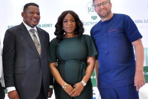 L-R;Minister of State, Power,Mr Goddy Jedy-Agba,OFR,Managing Director /CEO Rural Electrification Agency,Mrs Damilola Ogunbiyi and Chief Executive Officer,All On,Dr. Wieber Boer during the Rural